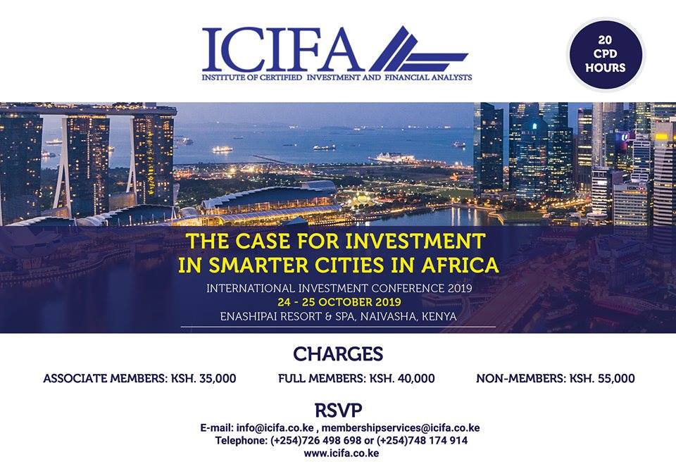 Over 500 experts from private and private sectors will converge in Naivasha next month to deliberate on the introduction of Smart Cities in Africa. The two-day conference is organized by the Institute of Certified Investment and Financial Analysts (ICIFA) which will begin on October 24 2019 and end on October 25 2019.